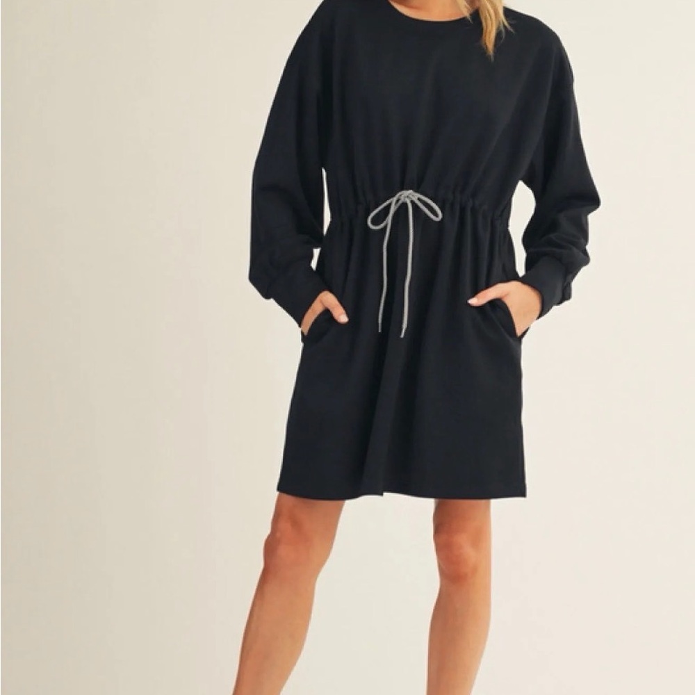 New JODIFL Black Long Sleeve Knit Sweater Oversized Dress with Drawstring